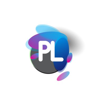Renkli sıçrama arkaplanı olan PL logosu, yaratıcı endüstri, web, iş ve şirket için harf kombinasyonu tasarımı.