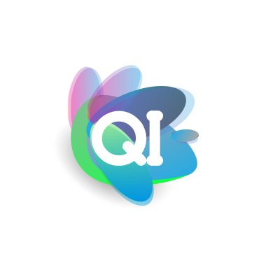 Renkli sıçrama arkaplanı olan QI harfi logosu, yaratıcı endüstri, web, iş ve şirket için harf kombinasyonu tasarımı.