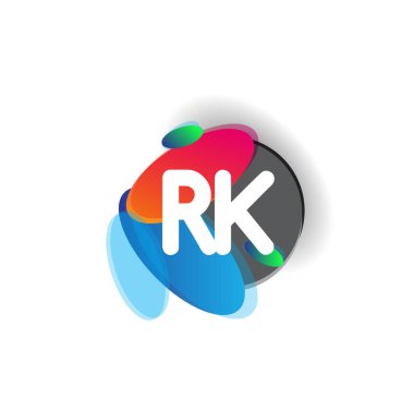 Renkli sıçrama geçmişi olan harf RK logosu, yaratıcı endüstri, web, iş ve şirket için harf kombinasyonu tasarımı.