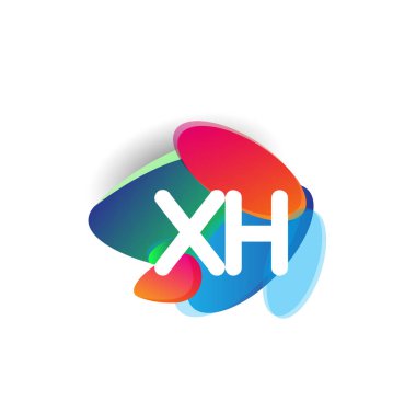 Renkli sıçrama arkaplanı olan XH logosu, yaratıcı endüstri, web, iş ve şirket için harf kombinasyonu tasarımı.