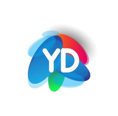 Renkli sıçrama arkaplanı olan YD logosu, yaratıcı endüstri, web, iş ve şirket için harf kombinasyonu tasarımı.