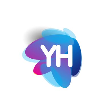 Renkli sıçrama arkaplanı olan YH logosu, yaratıcı endüstri, web, iş ve şirket için harf kombinasyonu tasarımı.