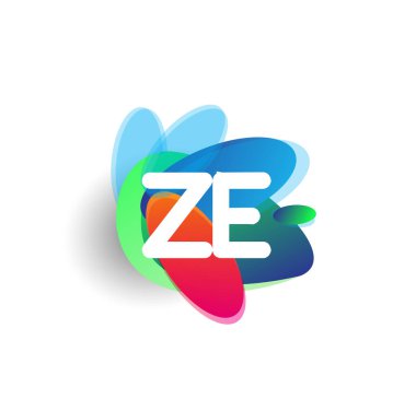 Renkli sıçrama arkaplanı olan ZE harfi logosu, yaratıcı endüstri, web, iş ve şirket için harf kombinasyonu tasarımı.