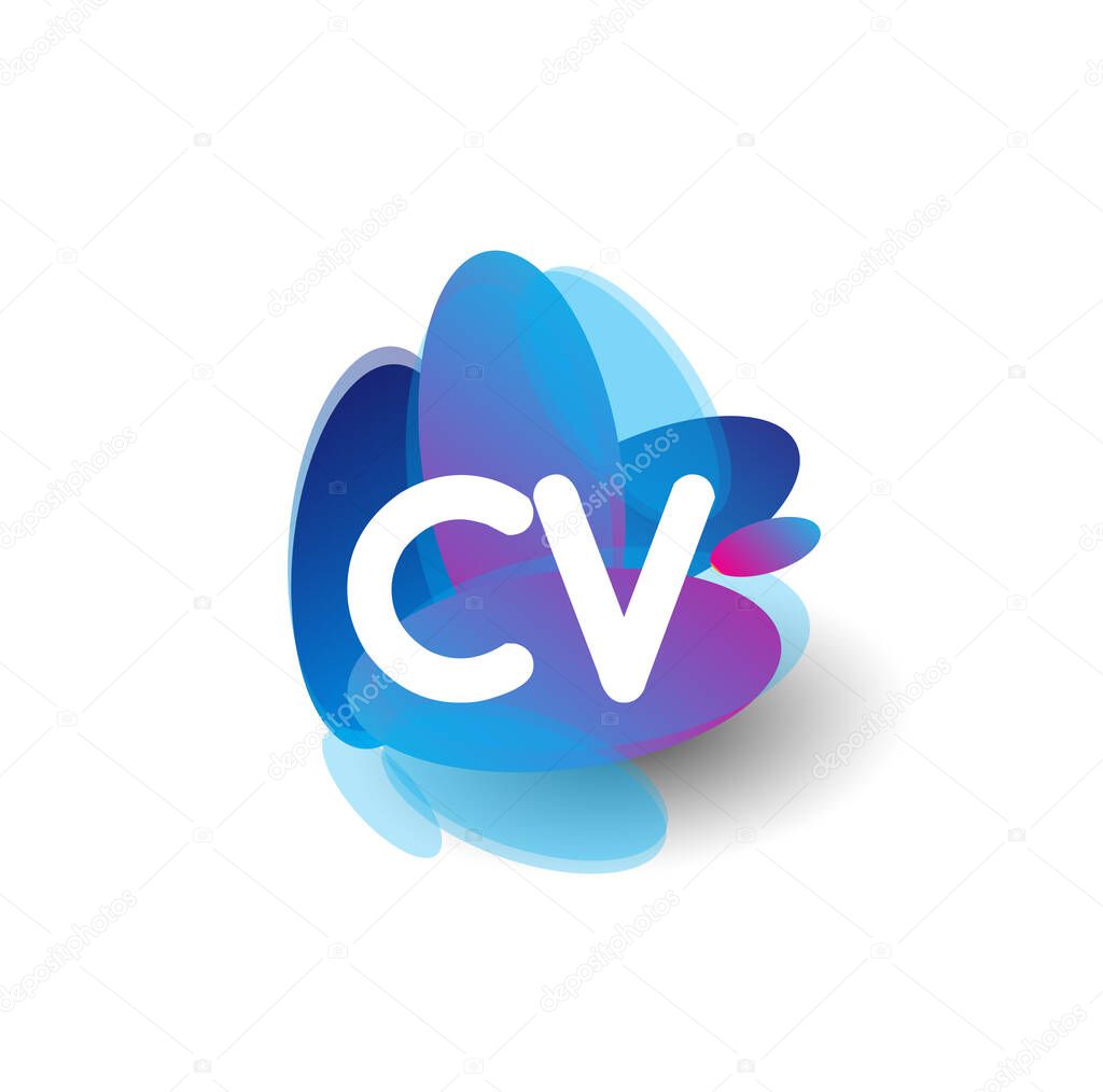 Letter CV logo with colorful splash background, letter combination logo design for creative industry, web, business and company.