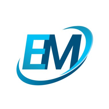 İlk harf EM logotype şirketi adı mavi swoosh tasarım konsepti. iş ve şirket kimliği için vektör logosu.