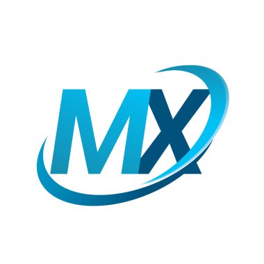 İlk harf MX logotype şirketi adı mavi swoosh tasarım konsepti. iş ve şirket kimliği için vektör logosu.