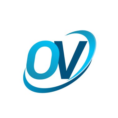 İlk harf OV logotype şirketi adı mavi swoosh tasarım konsepti. iş ve şirket kimliği için vektör logosu.
