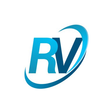 İlk harf RV logotype şirketi adı mavi swoosh tasarım konsepti. iş ve şirket kimliği için vektör logosu.