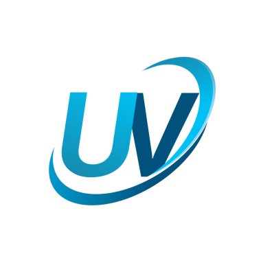 İlk harf UV logotype şirketi adı mavi swoosh tasarım konsepti. iş ve şirket kimliği için vektör logosu.