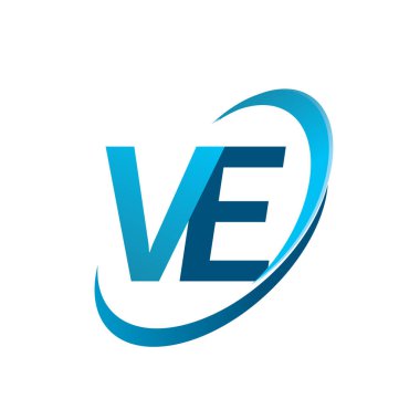 İlk harf VE logotype şirketinin adı Blue Swoosh tasarım konsepti. iş ve şirket kimliği için vektör logosu.