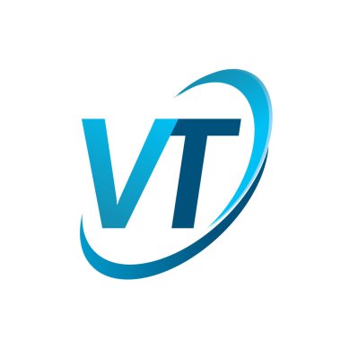 İlk harf VT logotype şirketi adı mavi swoosh tasarım konsepti. iş ve şirket kimliği için vektör logosu.