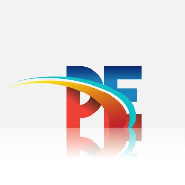 İlk harf PE logotype şirketi adı kırmızı, mavi ve swoosh tasarımı. iş ve şirket kimliği için vektör logosu.