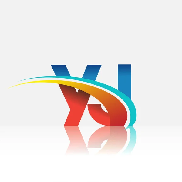 頭文字Yjロゴタイプ社名は赤と青とスウッシュのデザイン ビジネスと会社のアイデンティティのためのベクトルロゴ — ストックベクタ