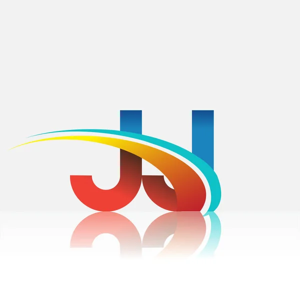 初期の文字Jjのロゴタイプ会社の名前は赤と青とスウッシュのデザインを着色 ビジネスと会社のアイデンティティのためのベクトルロゴ — ストックベクタ