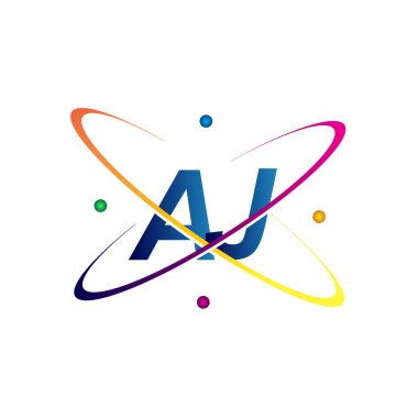 İlk harf AJ logotype bilim simgesi mavi, kırmızı, yeşil ve sarı swoosh tasarımı. iş ve şirket kimliği için vektör logosu.