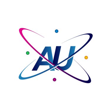 İlk harf AU logotype bilim simgesi mavi, kırmızı, yeşil ve sarı swoosh tasarımı. iş ve şirket kimliği için vektör logosu.