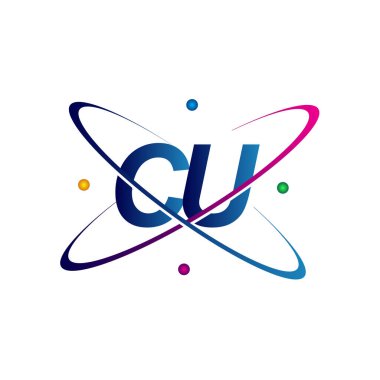 İlk harf CU logotype bilim simgesi mavi, kırmızı, yeşil ve sarı swoosh tasarımı. iş ve şirket kimliği için vektör logosu.