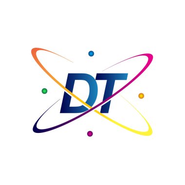 İlk harf DT logotype bilim simgesi mavi, kırmızı, yeşil ve sarı swoosh tasarımı. iş ve şirket kimliği için vektör logosu.