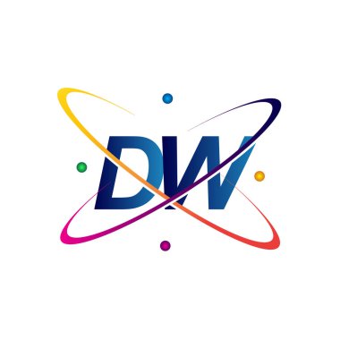 İlk harf DW logotype bilim simgesi mavi, kırmızı, yeşil ve sarı swoosh tasarımı. iş ve şirket kimliği için vektör logosu.