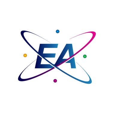 İlk harf EA logotype bilim simgesi mavi, kırmızı, yeşil ve sarı swoosh tasarımı. iş ve şirket kimliği için vektör logosu.