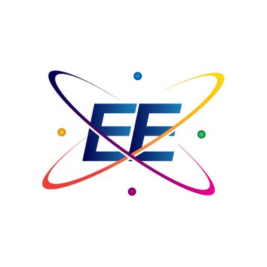 İlk harf EE logotype bilim simgesi mavi, kırmızı, yeşil ve sarı swoosh tasarımı. iş ve şirket kimliği için vektör logosu.