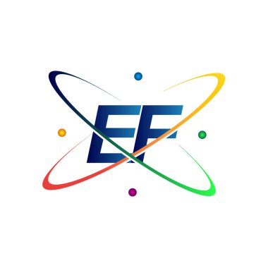 İlk harf EF logoti bilim simgesi mavi, kırmızı, yeşil ve sarı renk. iş ve şirket kimliği için vektör logosu.