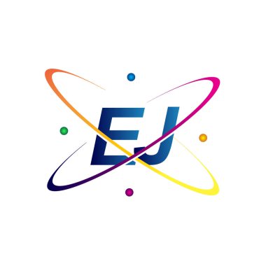 İlk harf EJ logotype bilim simgesi mavi, kırmızı, yeşil ve sarı swoosh tasarımı. iş ve şirket kimliği için vektör logosu.
