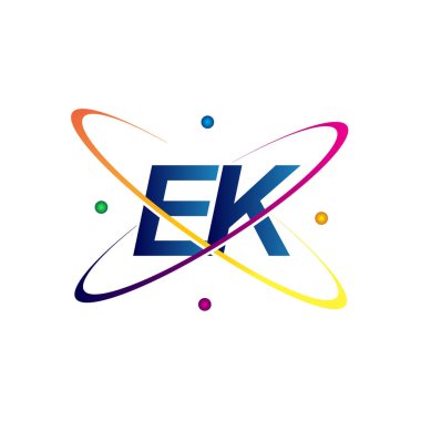 İlk harf EK logotype bilim simgesi mavi, kırmızı, yeşil ve sarı swoosh tasarımı. iş ve şirket kimliği için vektör logosu.