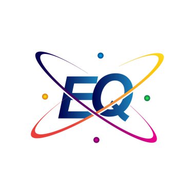 İlk harf EQ logoti bilim simgesi mavi, kırmızı, yeşil ve sarı swoosh tasarımı. iş ve şirket kimliği için vektör logosu.