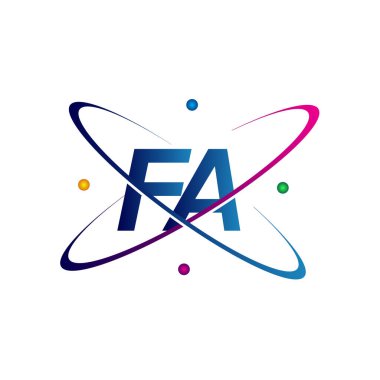 İlk harf FA logotip bilim simgesi mavi, kırmızı, yeşil ve sarı renk. iş ve şirket kimliği için vektör logosu.