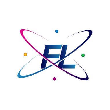 İlk harf FL logotype bilim simgesi mavi, kırmızı, yeşil ve sarı swoosh tasarımı. iş ve şirket kimliği için vektör logosu.