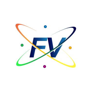 İlk harf FV logotype bilim simgesi mavi, kırmızı, yeşil ve sarı swoosh tasarımı. iş ve şirket kimliği için vektör logosu.