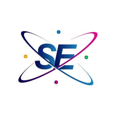 İlk harf SE logotip bilim simgesi mavi, kırmızı, yeşil ve sarı renk. iş ve şirket kimliği için vektör logosu.