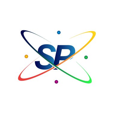 İlk harf SP logotype bilim simgesi mavi, kırmızı, yeşil ve sarı swoosh tasarımı. iş ve şirket kimliği için vektör logosu.