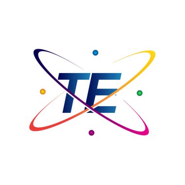 İlk harf TE logotip bilim simgesi mavi, kırmızı, yeşil ve sarı renk. iş ve şirket kimliği için vektör logosu.