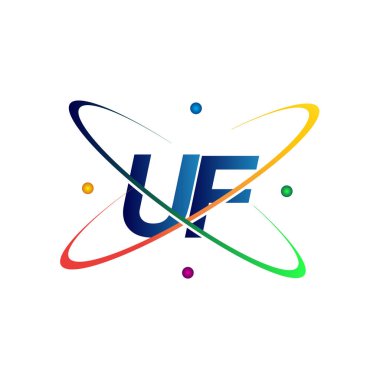 İlk harf UF logoti bilim simgesi mavi, kırmızı, yeşil ve sarı renk. iş ve şirket kimliği için vektör logosu.
