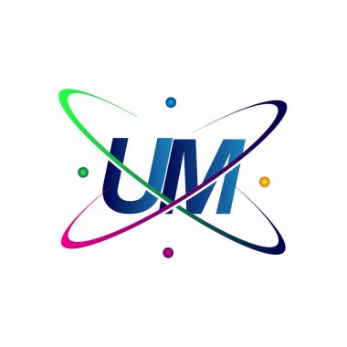 İlk harf UM logotype bilim simgesi mavi, kırmızı, yeşil ve sarı swoosh tasarımı. iş ve şirket kimliği için vektör logosu.