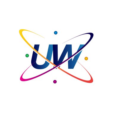 İlk harf UW logotype bilim simgesi mavi, kırmızı, yeşil ve sarı swoosh tasarımı. iş ve şirket kimliği için vektör logosu.