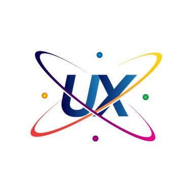 İlk harf UX logotip bilim simgesi mavi, kırmızı, yeşil ve sarı renk. iş ve şirket kimliği için vektör logosu.
