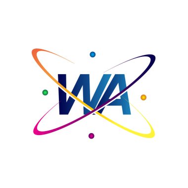 İlk harf WA logotype bilim simgesi mavi, kırmızı, yeşil ve sarı swoosh tasarımı. iş ve şirket kimliği için vektör logosu.