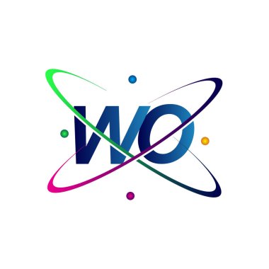 İlk harf WO logotype bilim simgesi mavi, kırmızı, yeşil ve sarı swoosh tasarımı. iş ve şirket kimliği için vektör logosu.
