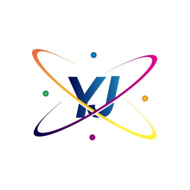 İlk harf YJ logotype bilim simgesi mavi, kırmızı, yeşil ve sarı swoosh tasarımı. iş ve şirket kimliği için vektör logosu.