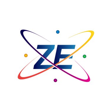 İlk harf ZE logotype bilim simgesi mavi, kırmızı, yeşil ve sarı swoosh tasarımı. iş ve şirket kimliği için vektör logosu.