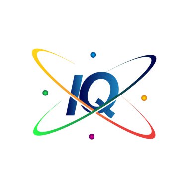 İlk harf IQ logoti bilim simgesi mavi, kırmızı, yeşil ve sarı renk. iş ve şirket kimliği için vektör logosu.
