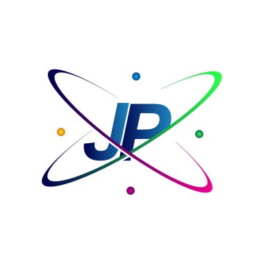 İlk harf JP logotype bilim simgesi mavi, kırmızı, yeşil ve sarı swoosh tasarımı. iş ve şirket kimliği için vektör logosu.