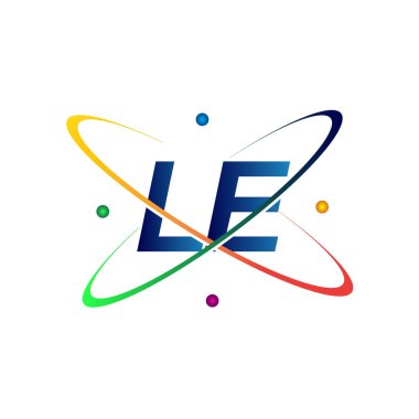 İlk harf LE logotype bilim simgesi mavi, kırmızı, yeşil ve sarı çizim. iş ve şirket kimliği için vektör logosu.