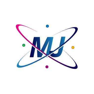 İlk harf MJ logotype bilim simgesi mavi, kırmızı, yeşil ve sarı swoosh tasarımı. iş ve şirket kimliği için vektör logosu.