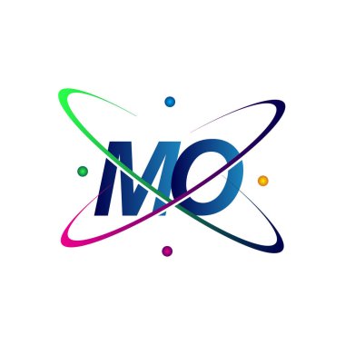 İlk harf MO logotype bilim simgesi mavi, kırmızı, yeşil ve sarı swoosh tasarımı. iş ve şirket kimliği için vektör logosu.