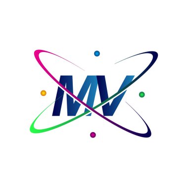 İlk harf MV logotype bilim simgesi mavi, kırmızı, yeşil ve sarı swoosh tasarımı. iş ve şirket kimliği için vektör logosu.