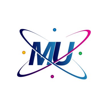İlk harf MU logotip bilim ikonu mavi, kırmızı, yeşil ve sarı swoosh tasarımı. iş ve şirket kimliği için vektör logosu.